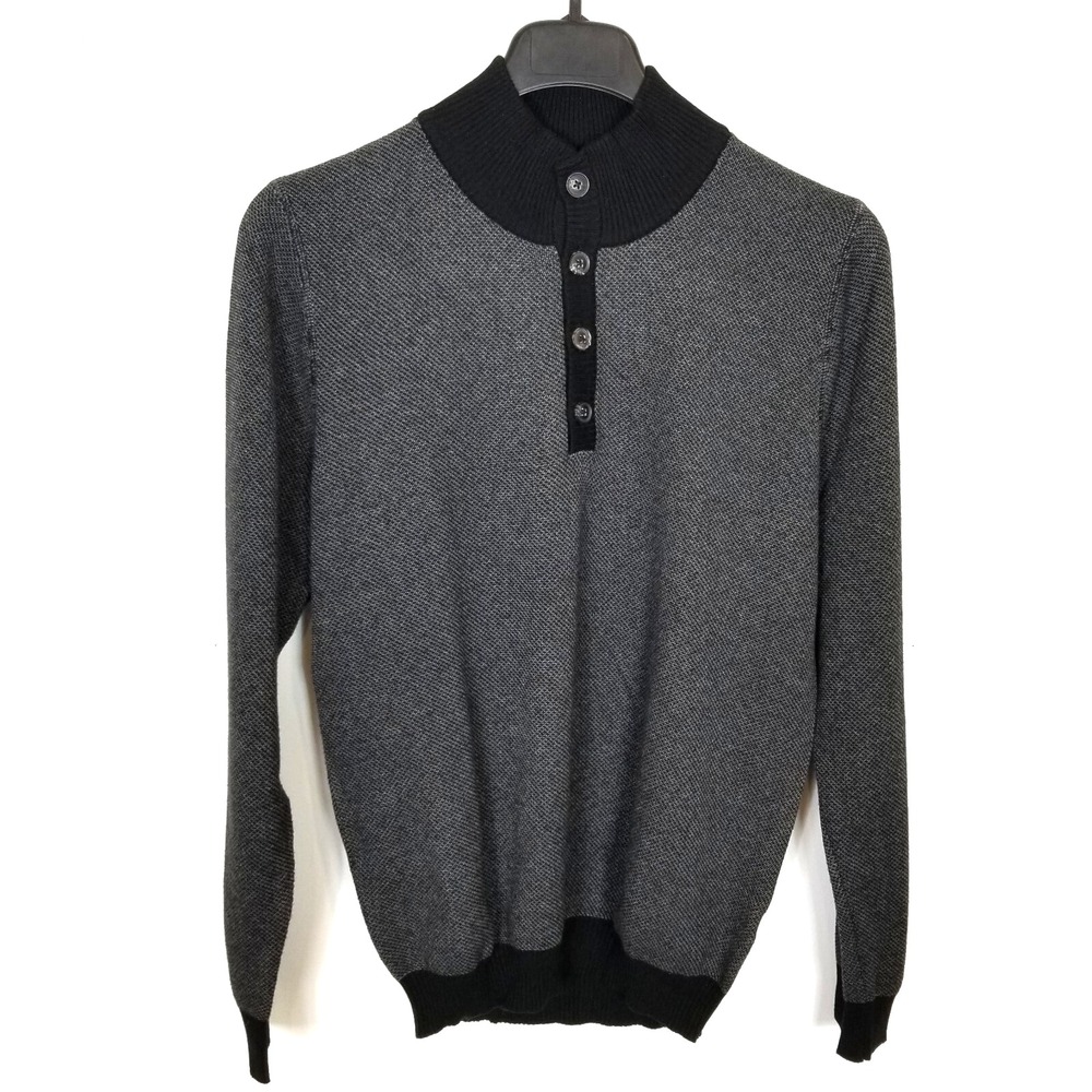 Tom James Women Button Neck Cotton Cashmere‎ Sweater Sz L Gray Black